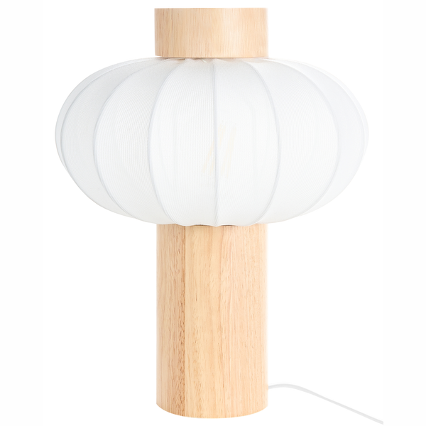 Tischleuchte mit Holzfuß und Textilschirm