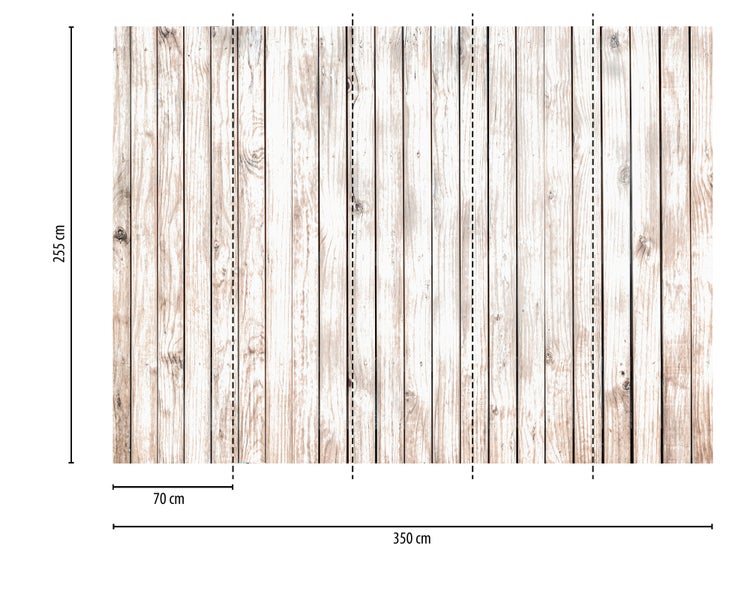 Fototapete mit Holzplankenmuster, Gesamtbreite 350 Zentimeter, Gesamthöhe 255 Zentimeter, Bahnenbreite 70 Zentimeter.