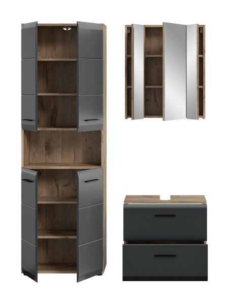 Badezimmermöbel-Set bestehend aus Hochschrank, Spiegelschrank und Waschbeckenunterschrank in Holzoptik mit grauen Fronten.