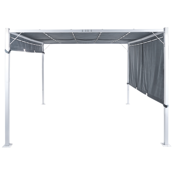 Pergola mit weißem Metallgestell, grauem ausziehbarem Textildach und Seitenwänden.
