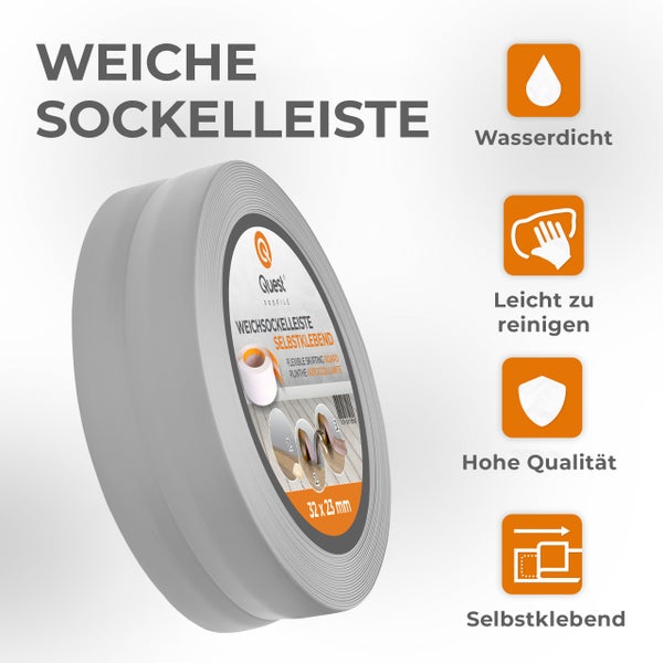 Quest Weichsockelleiste Selbstklebend 32 x 23 mm, PVC Sockelleiste, Flexibel, Grau, 5 Meter