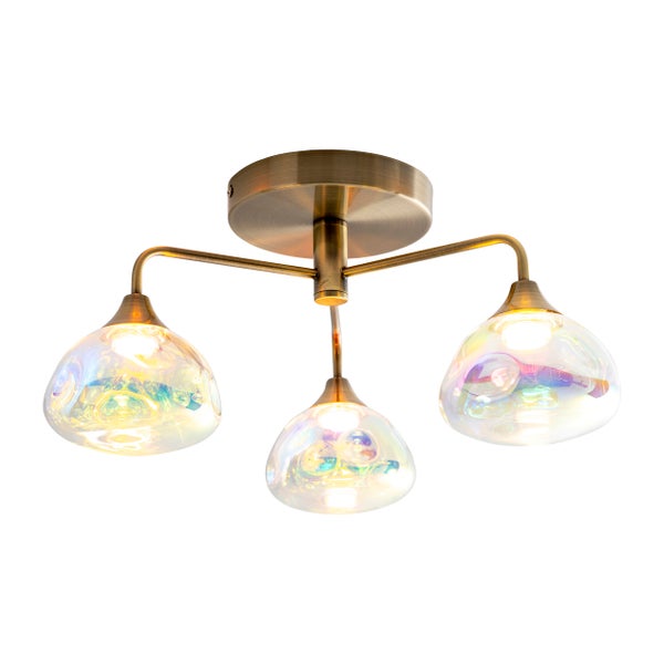 LED Deckenleuchte 3-flammig VARNA, Deckenlampe aus messingfarbenem Metall und irisierendem Glas, mit fest verbauten LEDs, 42 cm Durchmesser, stilvolle Beleuchtung für Wohnzimmer, Esszimmer oder Diele