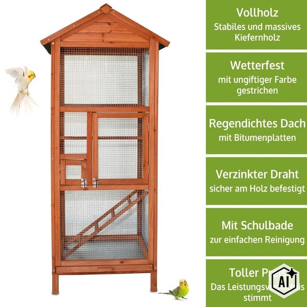 Vogelvoliere aus massivem Kiefernholz mit wetterfestem Bitumendach, verzinktem Draht und ausziehbarer Schublade zur einfachen Reinigung.