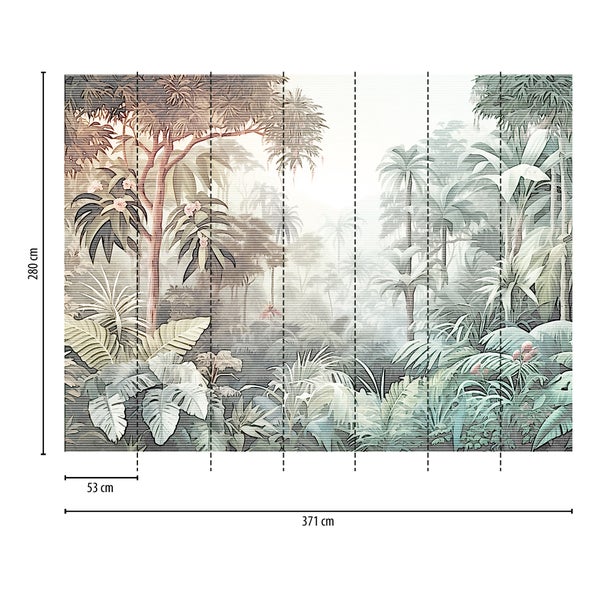 Fototapete mit Dschungel-Motiv, tropische Pflanzen und Bäume, Gesamtbreite 371 Zentimeter, Höhe 280 Zentimeter, 7 Bahnen à 53 Zentimeter.