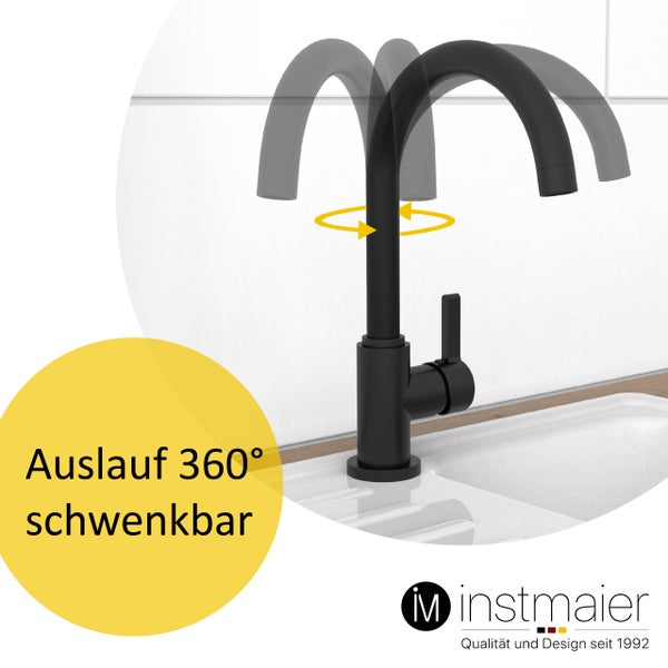instmaier Küchenarmatur K3 | 360° schwenkbar | Wasserhahn Küche | Spültischarmatur Schwarz Matt | Hoher Auslauf | mit Zentralverschraubung