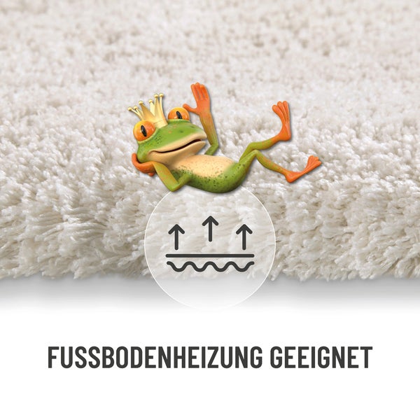 Hochflor Teppich geeignet für Fußbodenheizung mit Frosch Maskottchen.