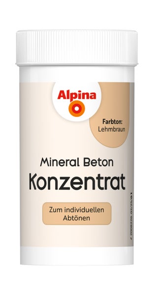 Alpina Logo. Alpina Mineral Beton Konzentrat zum individuellen Abtönen im Farbton Lehmbraun.