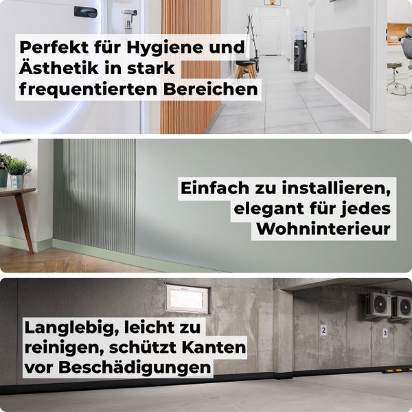 Wandpaneele und Sockelleisten für hygienische Bereiche sowie als Kantenschutz in verschiedenen Innenräumen und Tiefgaragen.