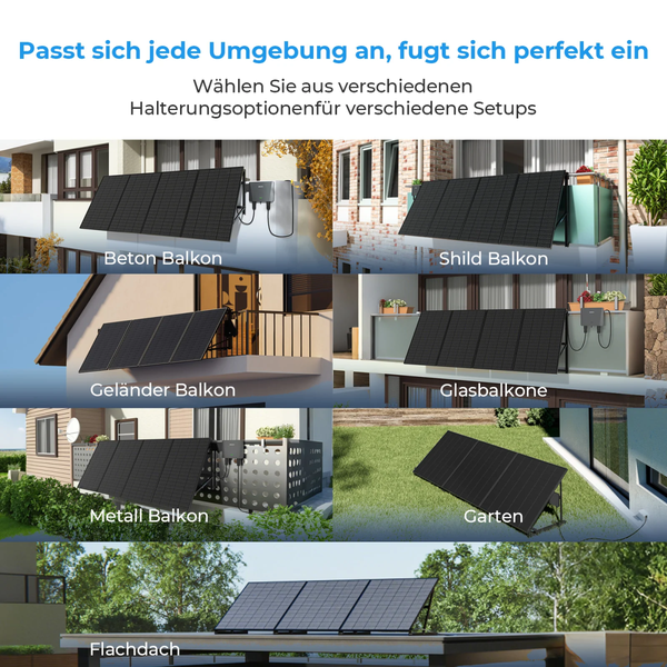 Verschiedene Montagemöglichkeiten für Solarpaneele an Balkonen aus Beton, Glas oder Metall sowie im Garten und auf dem Flachdach.