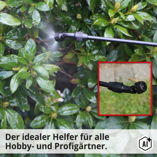 Drucksprühgerät im Einsatz beim Besprühen von Pflanzen mit Nahaufnahme der Düse als Produktdetail.