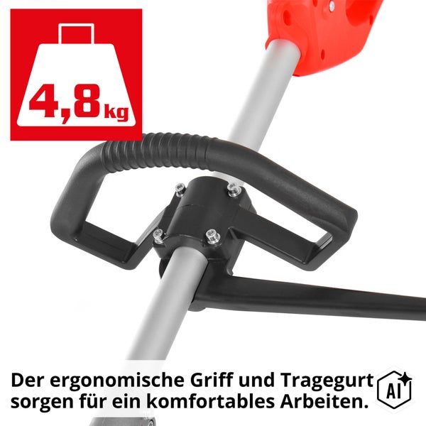 Ergonomischer Handgriff einer Motorsense mit Gewichtsangabe von 4,8 Kilogramm für komfortables Arbeiten.