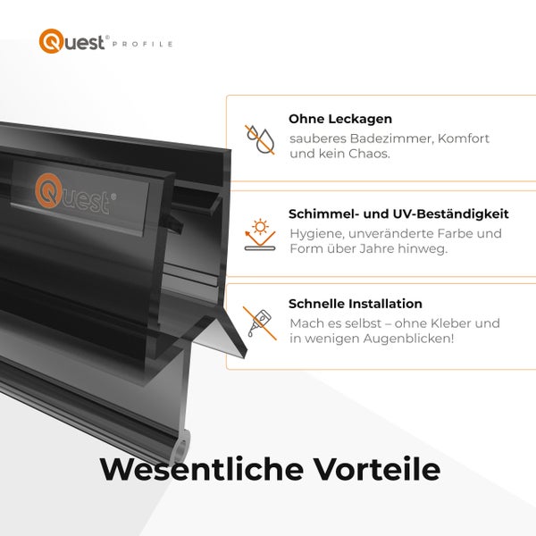 Quest Profile Badezimmerprofil mit den Vorteilen: Keine Leckagen, Schimmel- und UV-Beständigkeit, schnelle Installation