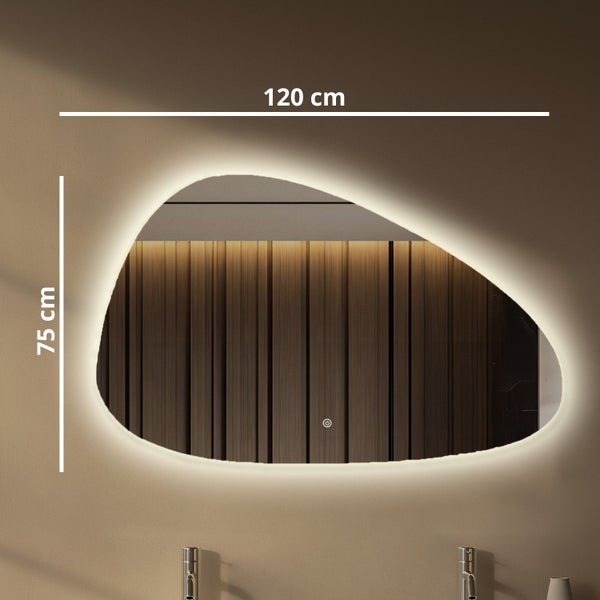 Organisch geformter Wandspiegel mit integrierter LED Beleuchtung, Maße 120 mal 75 Zentimeter mit Touchschalter.