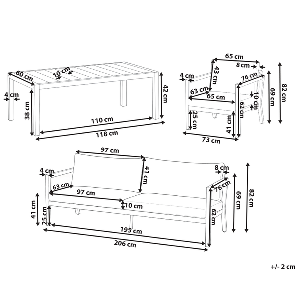 Technische Zeichnung einer Loungegruppe mit Sofa, Sessel und Tisch, inklusive Maßangaben