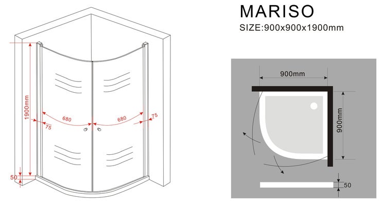 Technische Zeichnung einer Mariso Eckdusche mit den Maßen 900 x 900 x 1900 Millimeter.