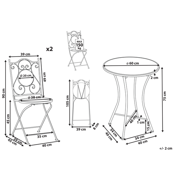Maßzeichnung eines Bistro-Sets mit zwei Klappstühlen und einem runden Tisch, Maße in Zentimeter und maximale Tragkraft von 150 Kilogramm.