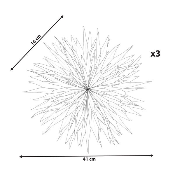 Illustration von drei Deko-Kugeln mit 41 cm Durchmesser und 16 cm Höhe.