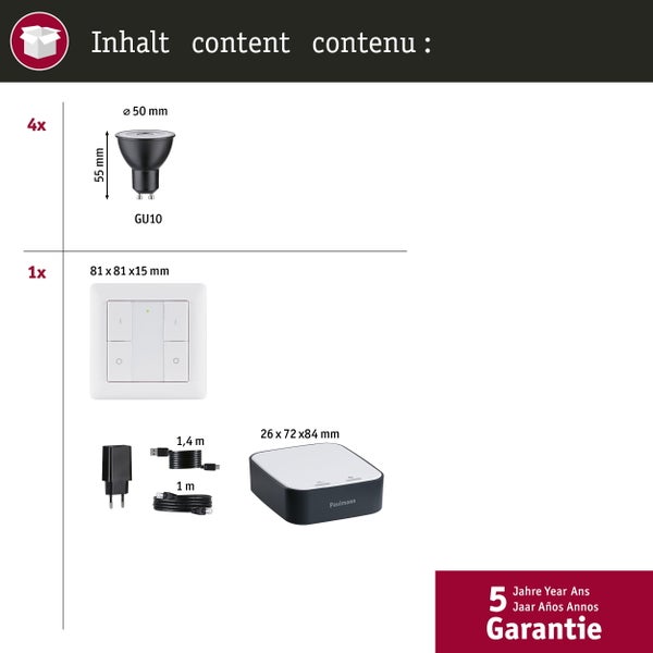 Inhalt: Vier GU10 Leuchtmittel, ein Lichtschalter, ein Netzteil, ein Kabel und eine Paulmann Bridge