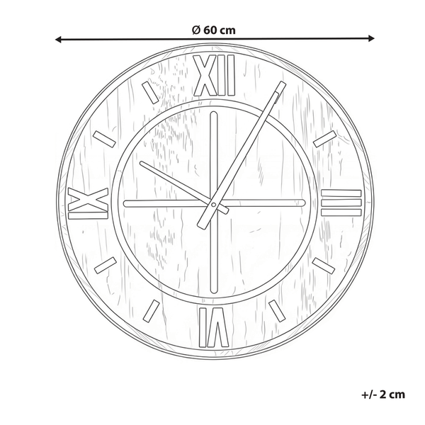 Wanduhr im Holzdesign mit römischen Ziffern und einem Durchmesser von 60 Zentimetern plus minus 2 Zentimeter.