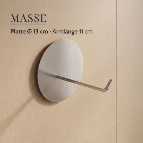 Wandhaken aus Metall mit runder Platte, Durchmesser 13 Zentimeter, Armlänge 11 Zentimeter.