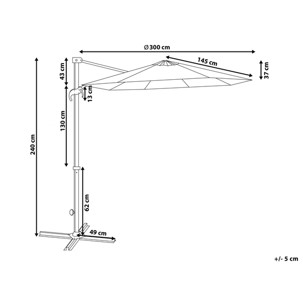 Geschlossener Ampelschirm mit weißem Gestell und beigefarbenem Bezug, inklusive Kreuzfußständer.