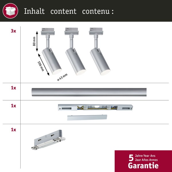 URail Schienenspot Tubo Starterset 3x237lm 3x4,5W 3000K 230V Chrom matt