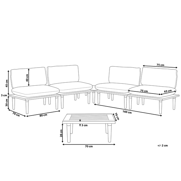 Abmessungen der modularen Loungegruppe mit Tisch