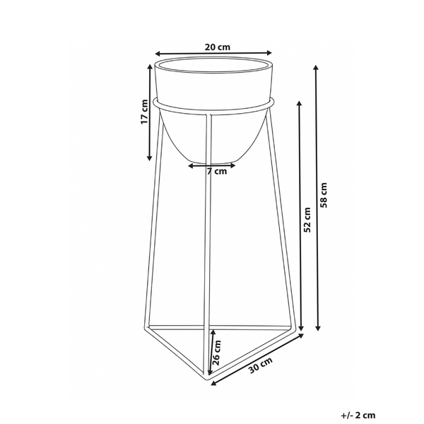 Maßzeichnung eines Pflanzgefäßes mit Metallgestell, Höhe 58 Zentimeter, Durchmesser 20 Zentimeter, Abweichung plus minus 2 Zentimeter.