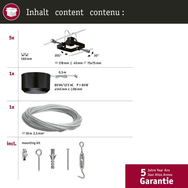 Seilsystem Mac II Basisset GU5,3 max. 5x10W dimmbar 230/12V Schwarz matt
