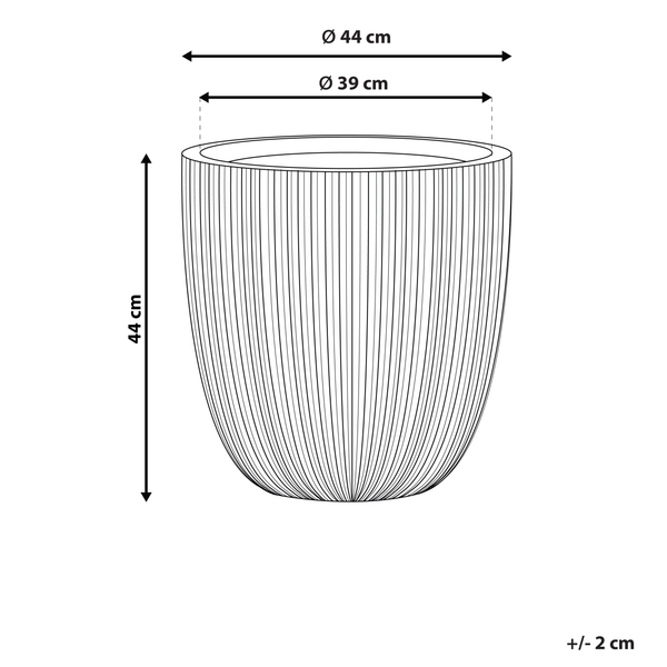 Maßzeichnung eines runden Pflanzkübels mit Rillenstruktur. Höhe 44 Zentimeter, Außendurchmesser 44 Zentimeter, Innendurchmesser 39 Zentimeter.