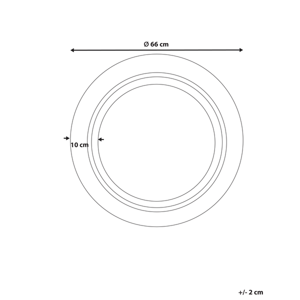 Rundes Produkt mit einem Durchmesser von 66 Zentimetern, 10 Zentimetern Randbreite und einer Toleranz von plus oder minus 2 Zentimetern.