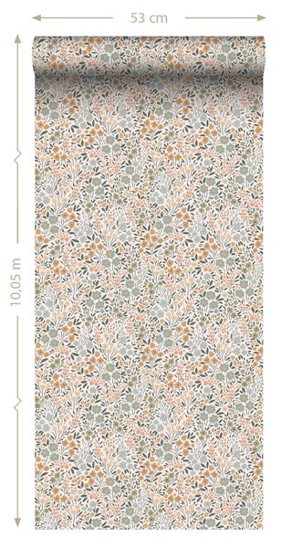 ESTAhome Tapete Blumen Graublau, Terrakottarosa und Grün - 53 cm x 10.05 m - 139837