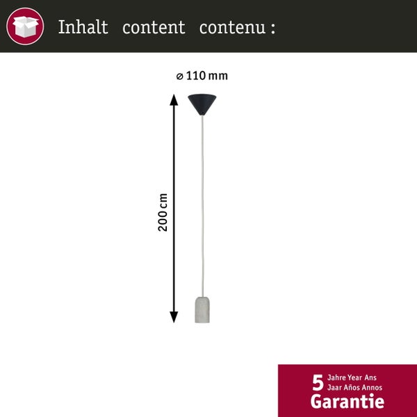 Abmessungen einer Pendelleuchte: 110 mm Durchmesser, 200 cm Länge
