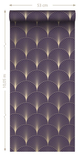 ESTAhome Tapete Art Decó Muster Dunkelviolett und Gold - 53 cm x 10.05 m - 139577