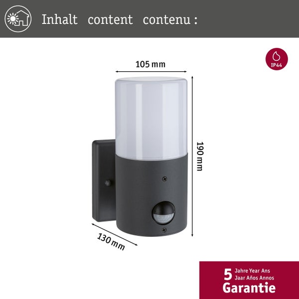 Außenwandleuchte Tubs Dämmerungsgesteuerter Bewegungsmelder (IR) IP44 rund 105x130mm max. 15W 230V Grau matt Metall, Kunststoff