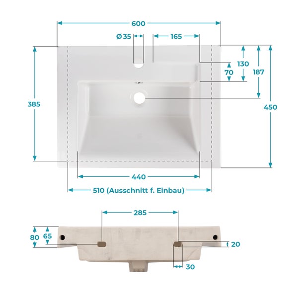 Calmwaters® Waschbecken Modern Square eckig in Weiß, aus hochwertiger Sanitär-Keramik mit Hahnloch und Überlauf zur Wandmontage, Hänge-Waschtisch mit Ablage, 60 x 45 cm groß, 05BC2364