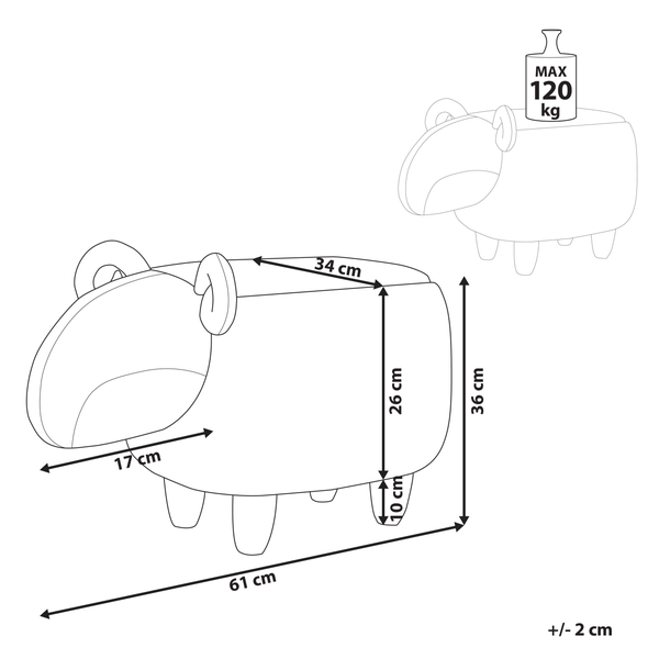 Illustration eines Schafhockers mit Maßangaben und maximaler Belastung von 120 Kilogramm
