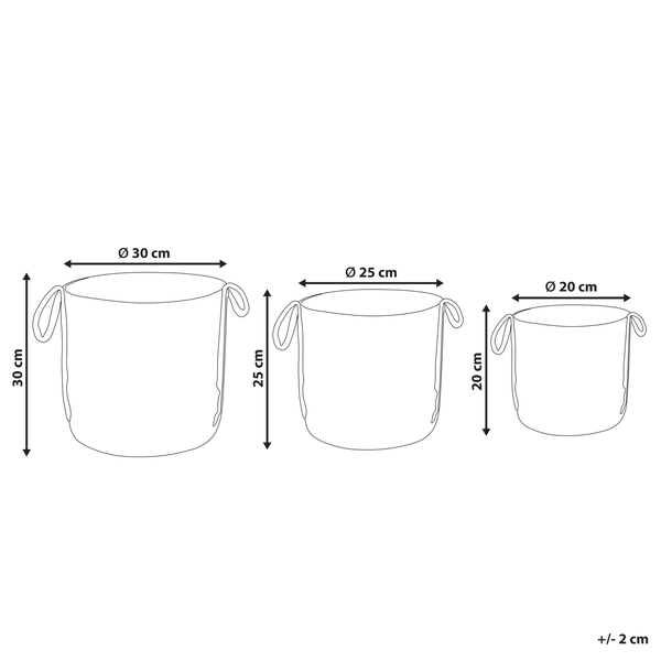 Skizze von drei runden Pflanztaschen mit Henkeln in den Maßen 30 mal 30 Zentimeter, 25 mal 25 Zentimeter und 20 mal 20 Zentimeter.