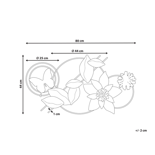 Abmessungen einer Wanddekoration mit Schmetterling, Blättern und Blüten: 80 mal 44 Zentimeter.