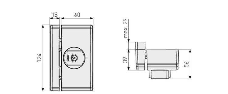 Maßzeichnung für ein Tür-Zusatzschloss mit Maßangaben in Millimeter: Höhe 124, Breite 60 und 18, Tiefe 56, maximal 29.