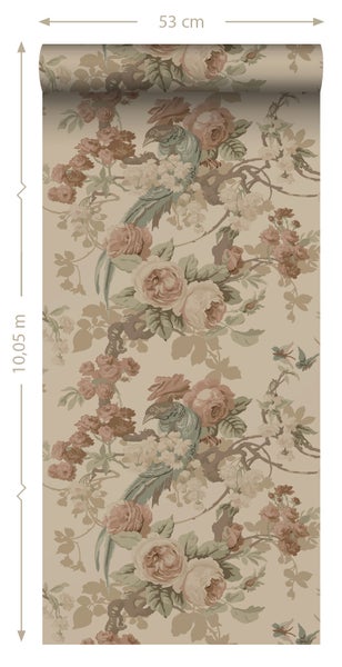 ESTAhome Tapete Blumen und Vögel Beige - 50 x 900 cm - 139808
