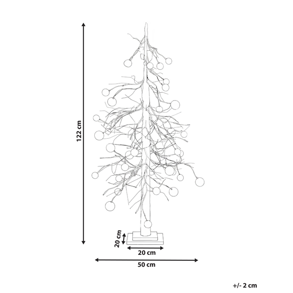 Skizze eines LED-Dekobaums mit den Maßangaben Höhe 122 cm, Tiefe Sockel 20 cm, Breite Sockel 50 cm