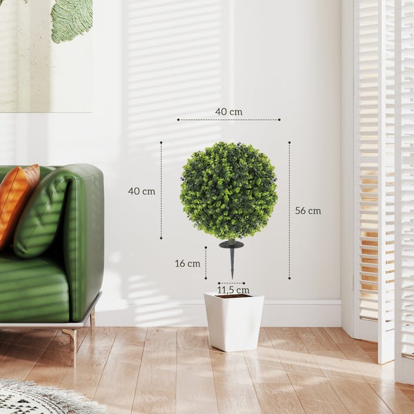 HOMCOM 2er-Set Künstlicher Buchsbaumkugeln 56 cm Kunstpflanze mit Erdspieß, künstliche Pflanzen Plastik wie echt Deko mit UV-Schutz für Wohnzimmer Schlafzimmer Büro Garten