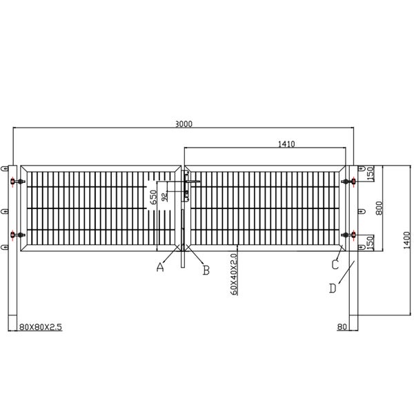 Technische Zeichnung eines Metallgitters mit Maßangaben