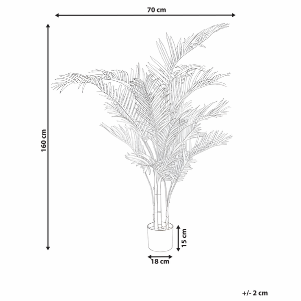 Illustration einer Kunstpalme mit einer Höhe von 160 cm und einem Durchmesser von 70 cm im Topf