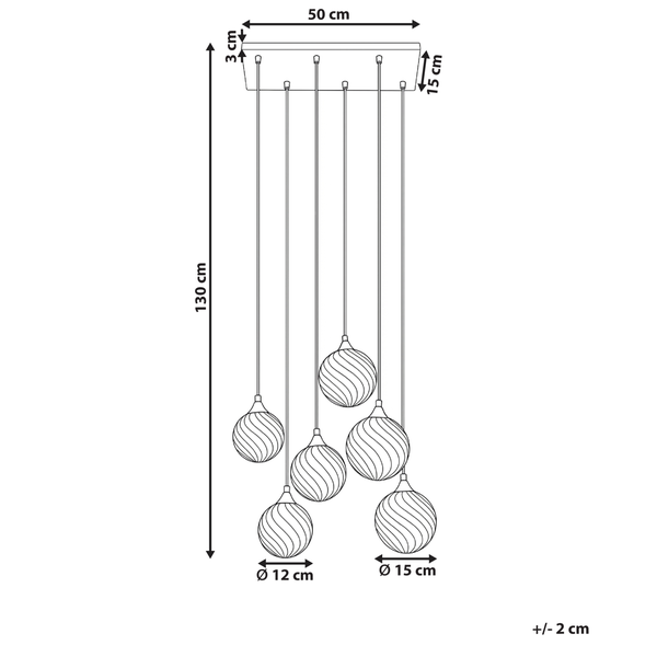 Abmessungen der Pendelleuchte mit mehreren Glaskugeln und unterschiedlichen Durchmessern