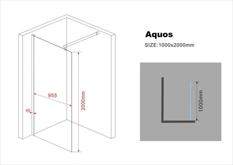 Technische Zeichnung einer Aquos Duschkabine mit Maßangaben 1000x2000 Millimeter