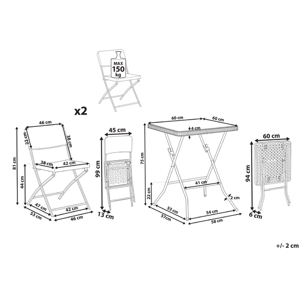 Abmessungen Gartengarnitur mit Klapptisch und zwei Klappstühlen