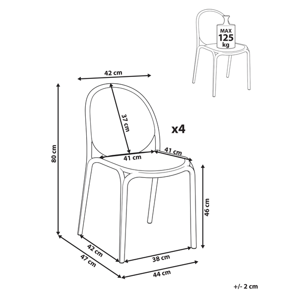 Technische Zeichnung eines Stuhls im 4er-Set mit Maßen: Höhe 80 Zentimeter, Sitzhöhe 46 Zentimeter, Belastbarkeit maximal 125 Kilogramm.