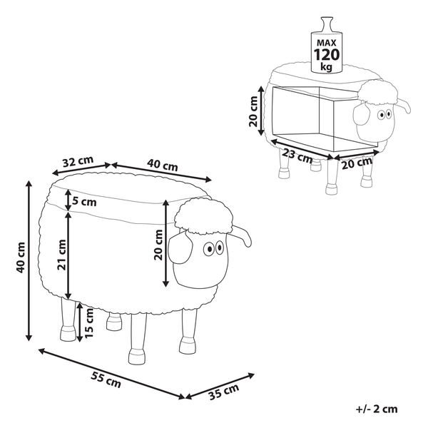 Dimensionsdarstellung des Schafhockers mit maximaler Belastbarkeit 120 kg
